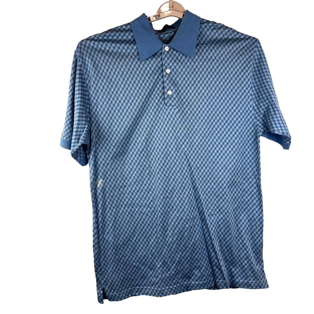 Alan Flusser Med Blue Houndstooth Golf Polo Mercerized Cotton Short Sleeve Top - Picture 8 of 9